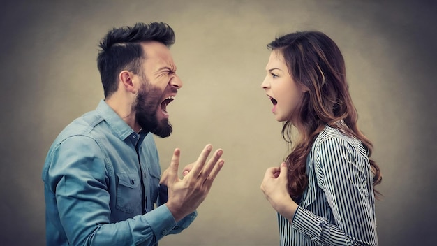 Wütender bärtiger Kerl schreit und macht wütende Gesten, schreit auf die Frau, haben Streit und posieren zusammen.