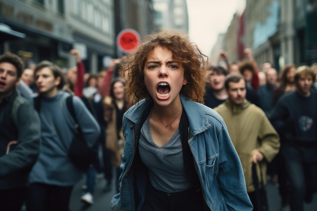 Foto wütender demonstrant in der menge mit aufgemaltem gesicht und schild