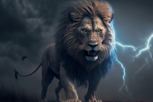 Wütender dunkler großer Löwe gegen stürmischen Himmel