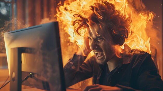 Foto wütender mann interagiert verzweifelt mit einem brennenden computer