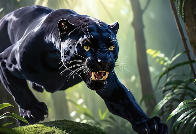 Wütender schwarzer Panther im Dschungel während eines Sprungs Generative KI