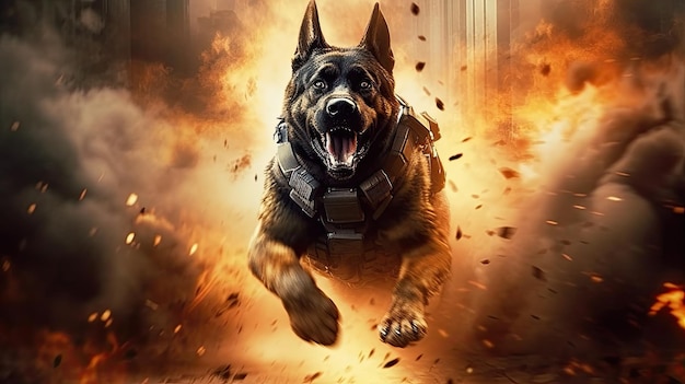 Foto wütender soldat schwarzer deutscher schäferhund läuft