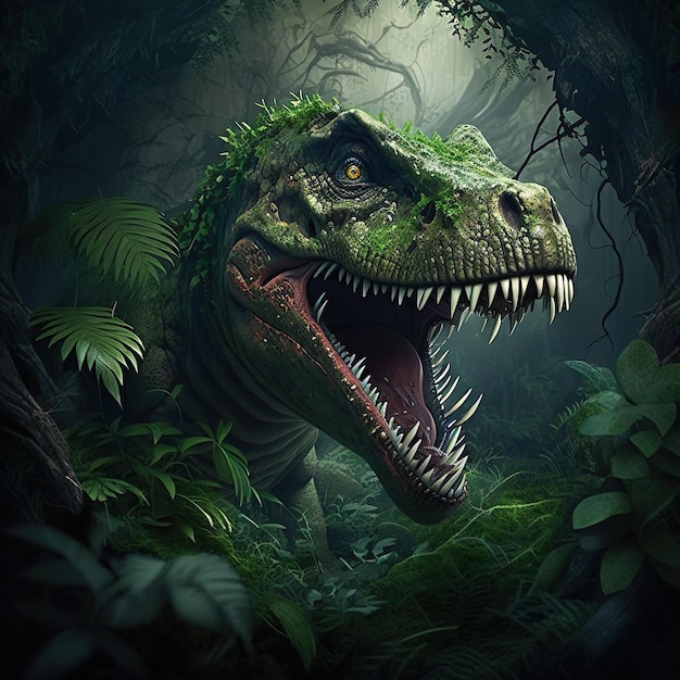 Foto wütender t rex tyrannosaurus rex dinosaurier im dunklen dschungel