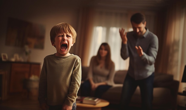 Wütendes schreiendes Kind mit verzweifelten Eltern. Gestresste, erschöpfte Mutter und Vater fühlen sich verzweifelt