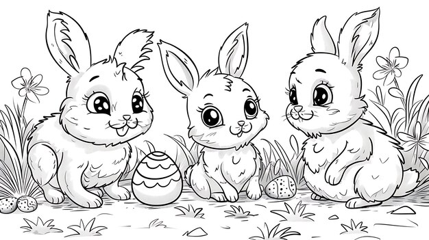Wunderbares Ostern-Schwarz-Weiß-Malblatt Kaninchen und Eier