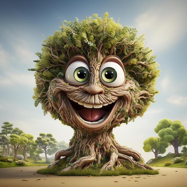 Wunderliche 3D-Illustration eines lustigen Baumes mit einem Gesicht
