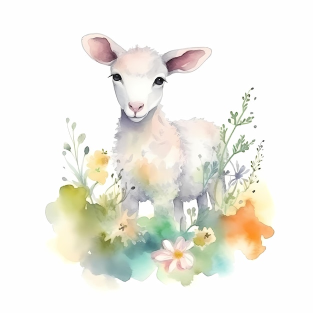 Wunderliche Frühlings-Aquarellmalerei eines ländlichen Bauernhoftierporträts mit Blumenkronen-Schafen