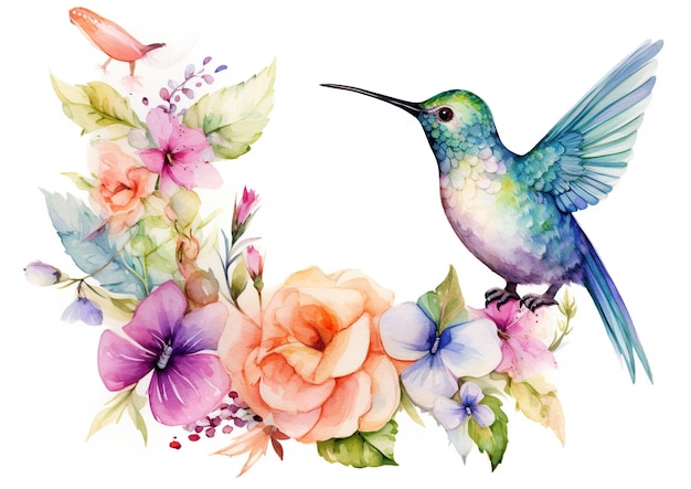 Wunderliche Harmonie, anmutiger Kolibri inmitten blühender Blumen auf weißem Hintergrund, generative KI