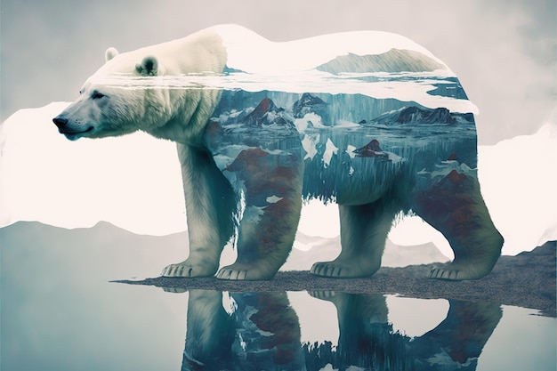 Foto wundersames bild, das ein eisbär zeigt, der in doppelbelichtung unter dem klimawandel leidet