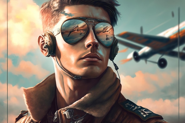 Wundersames Nahaufnahmeporträt eines männlichen Piloten mit reflektierender Sonnenbrille gegen den Himmel