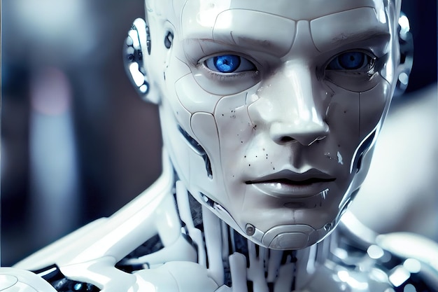 Wundersames Porträt eines künstlichen intelligenten humanoiden Roboters im Skelettstadium