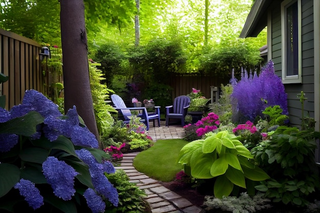 Wunderschön angelegter kleiner Garten im Sommer