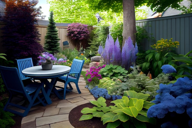 Wunderschön angelegter kleiner Garten im Sommer