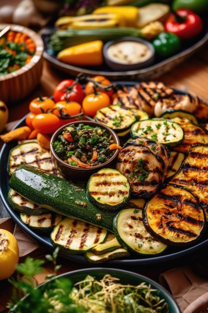 Wunderschön arrangiertes vegetarisches Grillgemüse auf einem großen Teller für die Sommerparty Generative AI