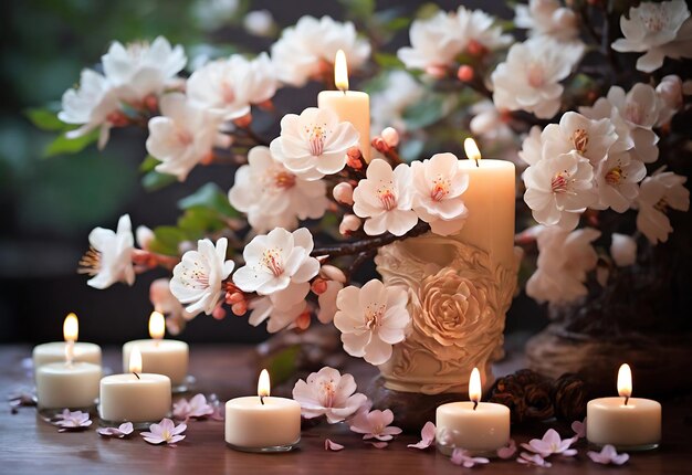 wunderschön blühender Baum im Frühling mit brennenden weißen Kerzen im verschwommenen Garten