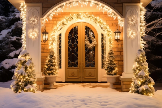 Wunderschön dekoriertes Haus bei Nacht mit Weihnachtsbeleuchtung