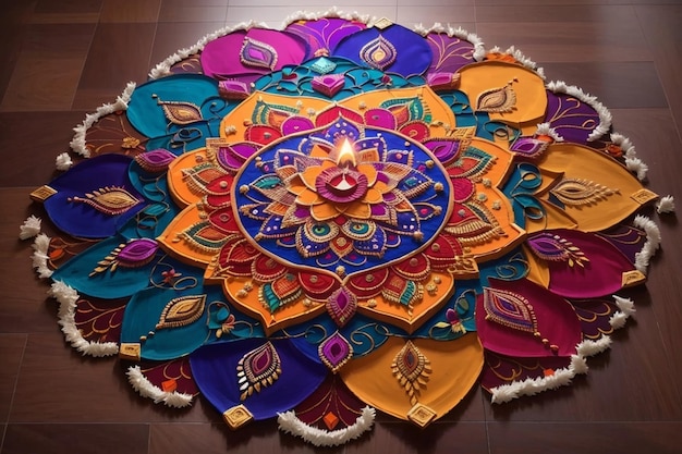 Wunderschön dekoriertes Rangoli, eine farbenfrohe und aufwendige Bodenkunst mit Diwali-Festival-Bildern