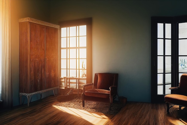 Wunderschön eingerichtetes Zimmer mit Fenster und Möbeln, Hintergrundbild. Generative KI