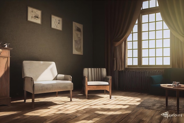 Wunderschön eingerichtetes Zimmer mit Fenster und Möbeln, Hintergrundbild. Generative KI