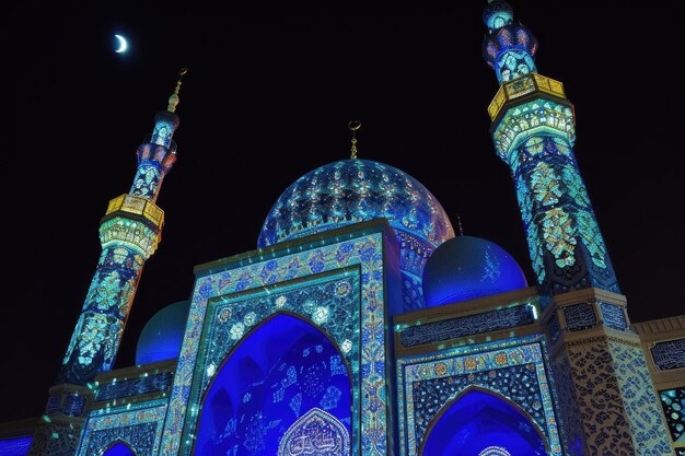 Wunderschön geschmückte Moscheen, die in der Nacht des Eid al-Adha unter dem Mondlicht leuchten