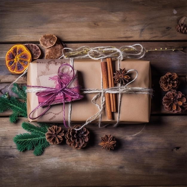 wunderschön verpackt mit Geschenk auf Holzwand