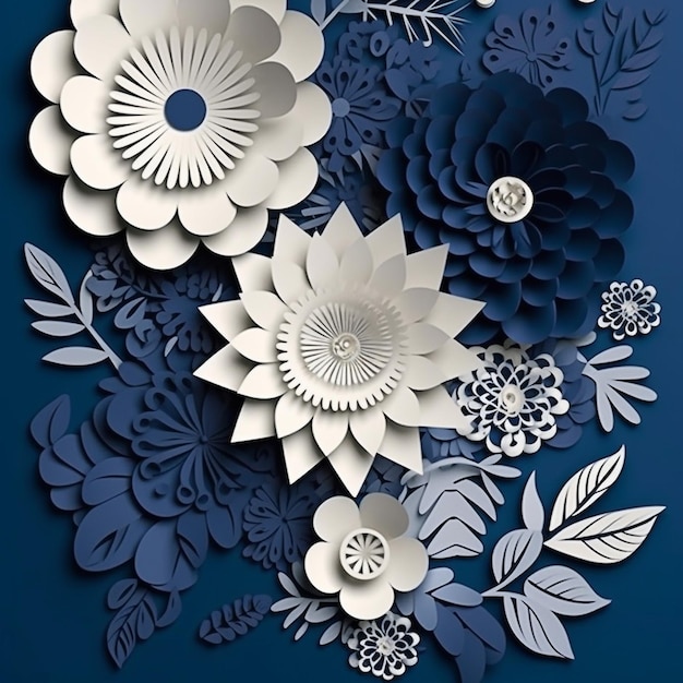 Wunderschöne 3D-Papierschnitt-Kunstdekoration mit blauen und weißen Blumen, KI generiert