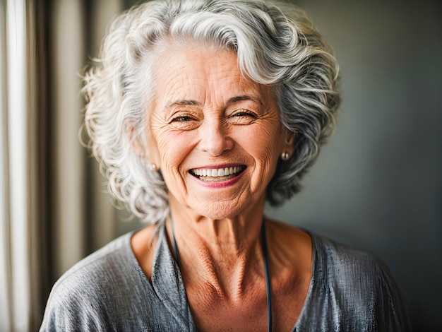 Wunderschöne ältere Modelfrau mit grauen Haaren, die lacht und lächelt.