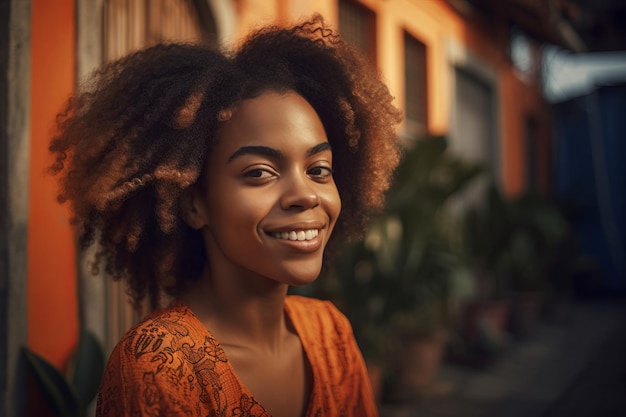 Wunderschöne afrikanische Frau lächelt auf der Straße Erwachsene Dame Schönheit weiblich Generate Ai