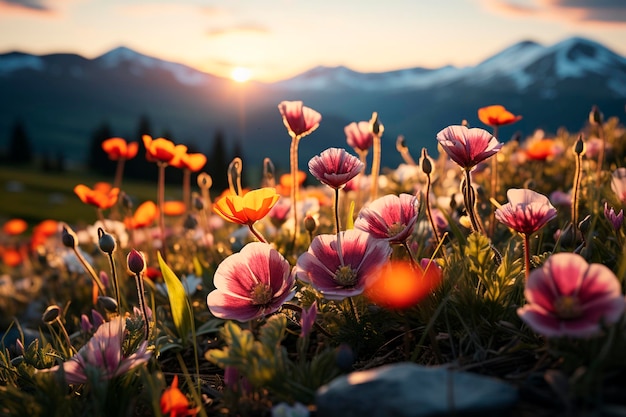 Wunderschöne Almwiese mit Mohnblumen und Bergen im Hintergrundgenerative KI