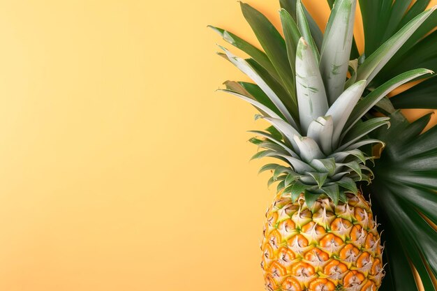 Wunderschöne Ananas auf tropischen Palmen-Monstera-Blättern, isoliert auf leuchtend pastellgelbem Hintergrund, Draufsicht, flach über dem Kopf liegend, über Sommerfrüchten erzeugen KI