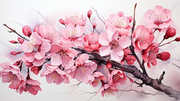 Wunderschöne Aquarell-Kirscheblütenzweige und Sakura-Kersche rosa Blütenillustration isoliert auf weißem Hintergrund