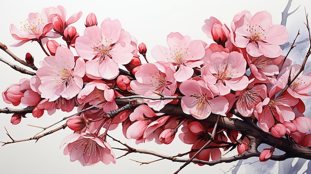 Wunderschöne Aquarell-Kirscheblütenzweige und Sakura-Kersche rosa Blütenillustration isoliert auf weißem Hintergrund