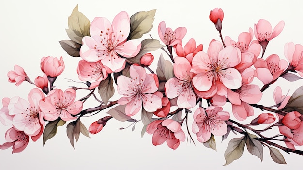 Wunderschöne Aquarell-Kirscheblütenzweige und Sakura-Kersche rosa Blütenillustration isoliert auf weißem Hintergrund