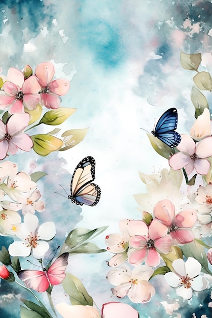 Wunderschöne Aquarellillustration mit Schmetterlingen, die über Wildblumen fliegen. Frühlings- und Sommerhintergrund. Generative KI