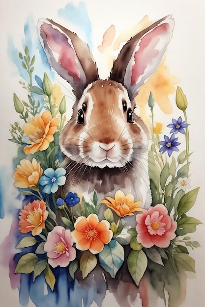 Wunderschöne Aquarellkunst eines Hasen mit Blumen