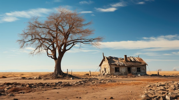 Wunderschöne Aufnahme eines alten, verlassenen Hauses mitten in der Wüste in der Nähe eines toten, blattlosen Baumes