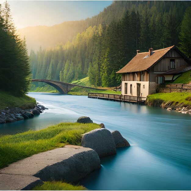 wunderschöne Aufnahme eines Dorfes klar Fluss und Haus ai erzeugt