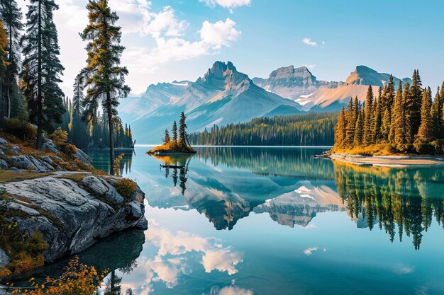 Wunderschöne Aufnahme eines felsigen Berges neben einem See mit Spiegelung im Wasser