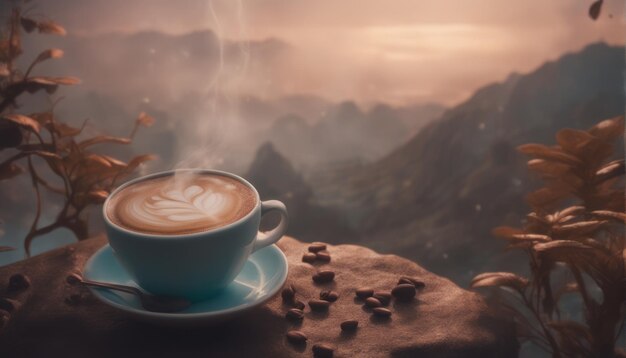 wunderschöne Aussicht auf die natürliche Landschaft wunderschöner Ausblick auf die naturliche Landschaft Kaffeebecher am Strand