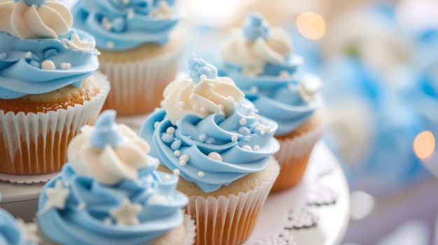 Wunderschöne Baby-Shower-Cupcakes für Jungen, exquisit mit Sahne auf dem Tablett geschmückt.