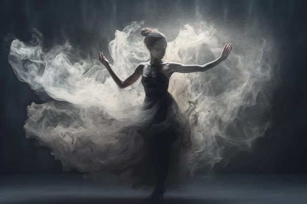 Foto wunderschöne ballerina, die im studio in magnetischem pulver und rauch tanzt. generierte ki