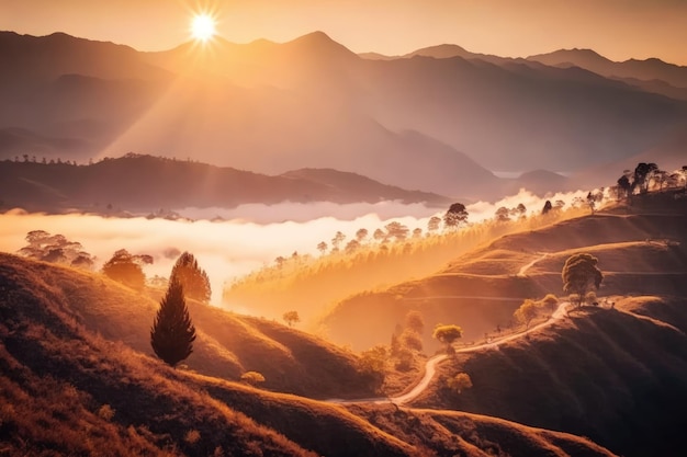 Wunderschöne Berglandschaft bei Doi Hua Mae Kham Mae Salong Nai Chiangrai Thailand am Morgen