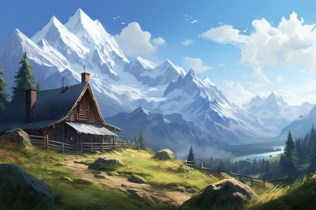 Wunderschöne Berglandschaft mit einer Holzkirche in den Bergen. Digitale Malerei. Erstellen Sie eine wunderschöne Bergszene mit einem Blockhaus am Hang eines schroffen Berges, auf dem KI-generierter Schnee liegt