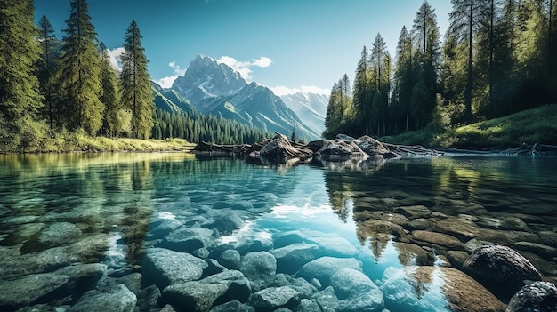 Wunderschöne Berglandschaft mit klarem Seewasser, umgeben von Bäumen an einem hellen Tag