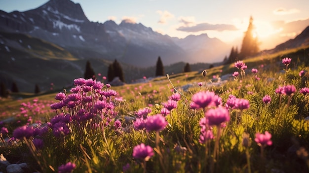 Wunderschöne Bergnatur-Blumenwiese-Tapete. KI-generierte Kunst