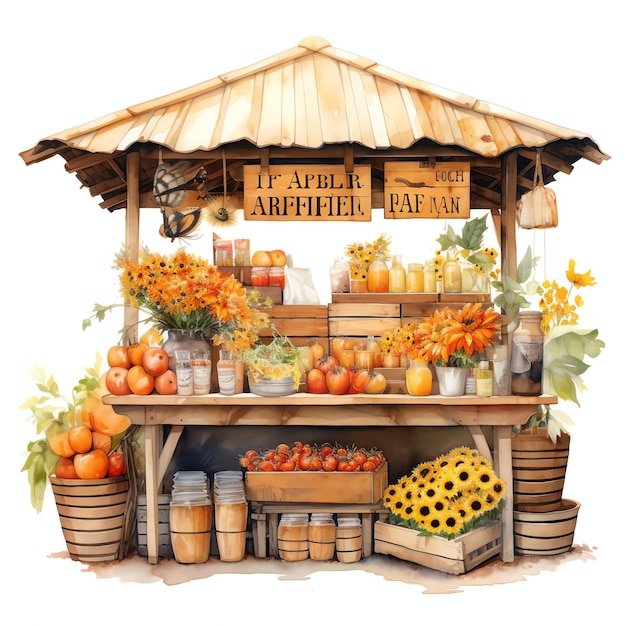 wunderschöne Bienen- und Bauernmarktstand-Aquarell-Clipart-Illustration