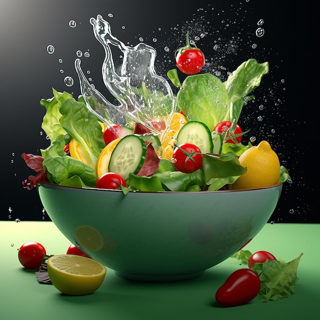Wunderschöne Bilder von Salatschüsseln mit frischem Obst und gemischtem Gemüse. Generative KI