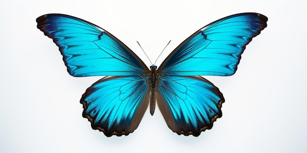 Wunderschöne blau-türkisfarbene tropische Schmetterlinge mit ausgebreiteten Flügeln und im Flug isolieren Generative KI