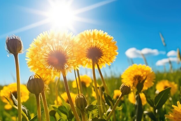 Wunderschöne Blüten gelber Löwenzahn in der Natur in einer warmen Umgebung, die von KI generiert wurde