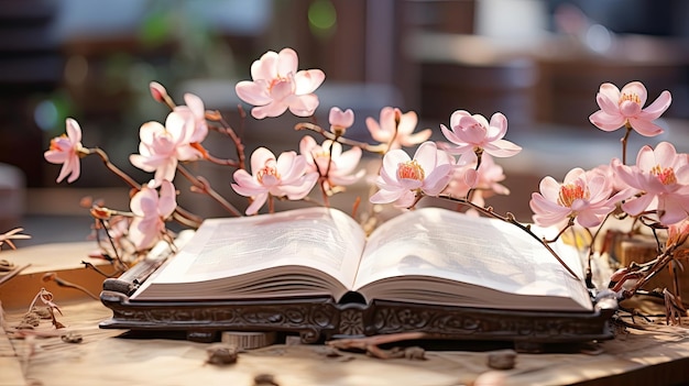 Foto wunderschöne blume, die aus einem buch im hellbraunen rosa stil fliegt und wächst